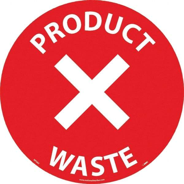NMC - Product Waste, Anti-Skid Pressure-Sensitive Vinyl Floor Sign - Round, White on Red, Adhesive Backed, For Restroom, Janitorial & Housekeeping - Apex Tool & Supply