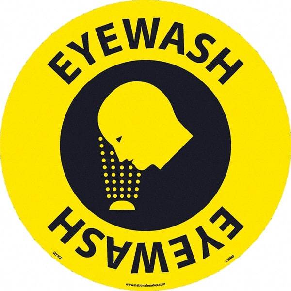 NMC - Eyewash, Anti-Skid Pressure-Sensitive Vinyl Floor Sign - Round, Black on Yellow, Adhesive Backed, For Restroom, Janitorial & Housekeeping - Apex Tool & Supply