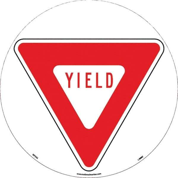 NMC - Yield, Anti-Skid Pressure-Sensitive Vinyl Floor Sign - Round, Red on White, Adhesive Backed, For Restroom, Janitorial & Housekeeping - Apex Tool & Supply