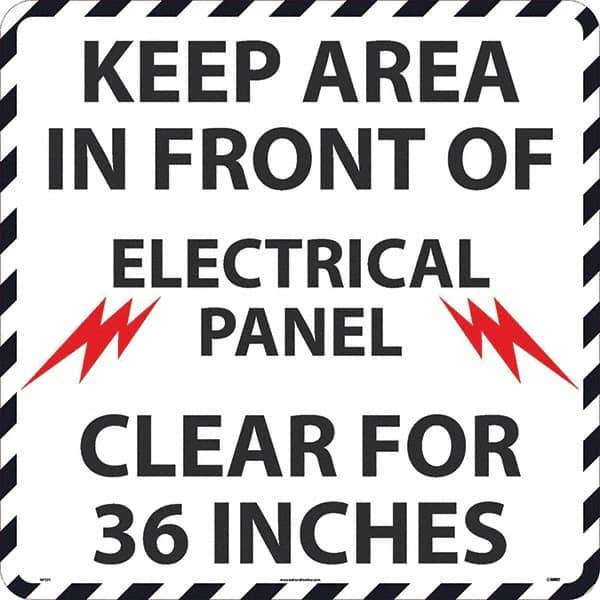NMC - Keep Area in Front of Electrical Panel Clear 36", Anti-Skid Pressure-Sensitive Vinyl Floor Sign - Round, Black on White, Adhesive Backed, For Restroom, Janitorial & Housekeeping - Apex Tool & Supply