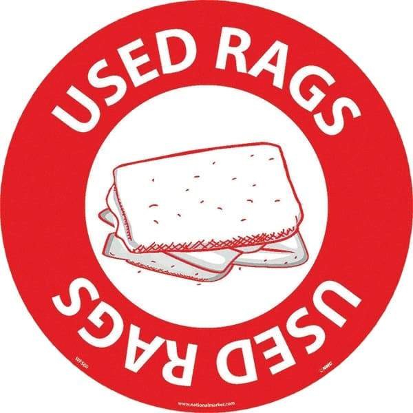 NMC - Used Rags, Anti-Skid Pressure-Sensitive Vinyl Floor Sign - Round, White on Red, Adhesive Backed, For Restroom, Janitorial & Housekeeping - Apex Tool & Supply