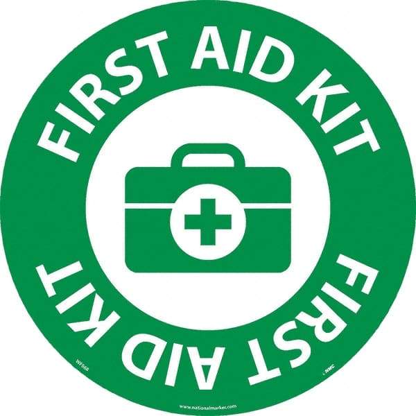 NMC - First Aid Kit, Anti-Skid Pressure-Sensitive Vinyl Floor Sign - Round, White on Green, Adhesive Backed, For Restroom, Janitorial & Housekeeping - Apex Tool & Supply