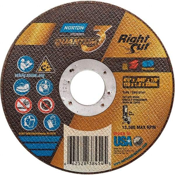 Norton - 4-1/2" 36 Grit Ceramic Alumina Cutoff Wheel - 0.045" Thick, 7/8" Arbor, 13,580 Max RPM, Use with Angle Grinders - Apex Tool & Supply