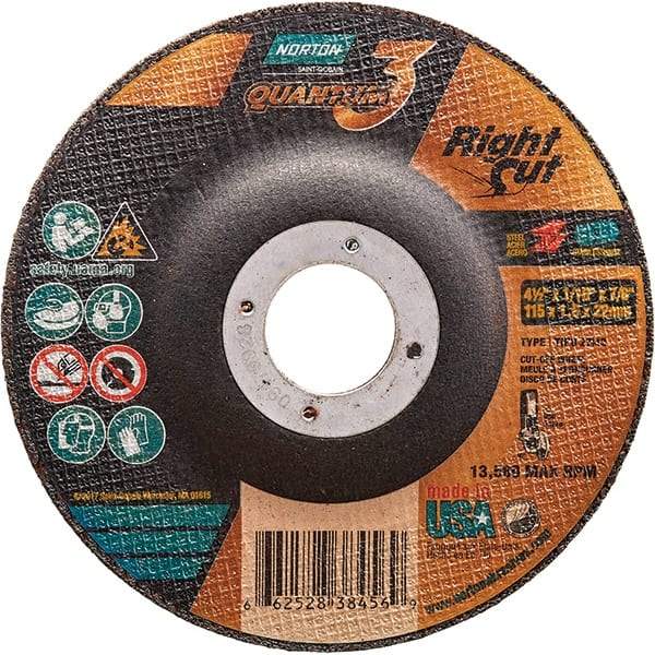 Norton - 36 Grit, 4-1/2" Wheel Diam, 1/16" Wheel Thickness, 7/8" Arbor Hole, Type 27 Depressed Center Wheel - Coarse Grade, Ceramic Alumina, Resinoid Bond, 13,580 Max RPM - Apex Tool & Supply