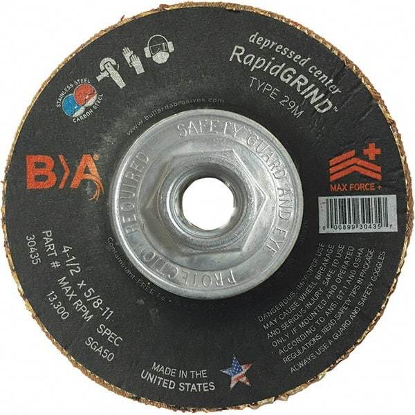 BULLARD - 50 Grit, 4-1/2" Wheel Diam, 1/8" Wheel Thickness, Type 29 Depressed Center Wheel - Coarse Grade, Ceramic, 13,300 Max RPM, Compatible with Angle Grinder - Apex Tool & Supply