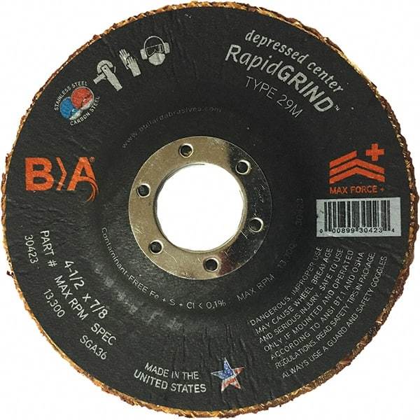 BULLARD - 36 Grit, 4-1/2" Wheel Diam, 1/8" Wheel Thickness, 7/8" Arbor Hole, Type 29 Depressed Center Wheel - Coarse/Extra Coarse Grade, Ceramic, 13,300 Max RPM, Compatible with Angle Grinder - Apex Tool & Supply