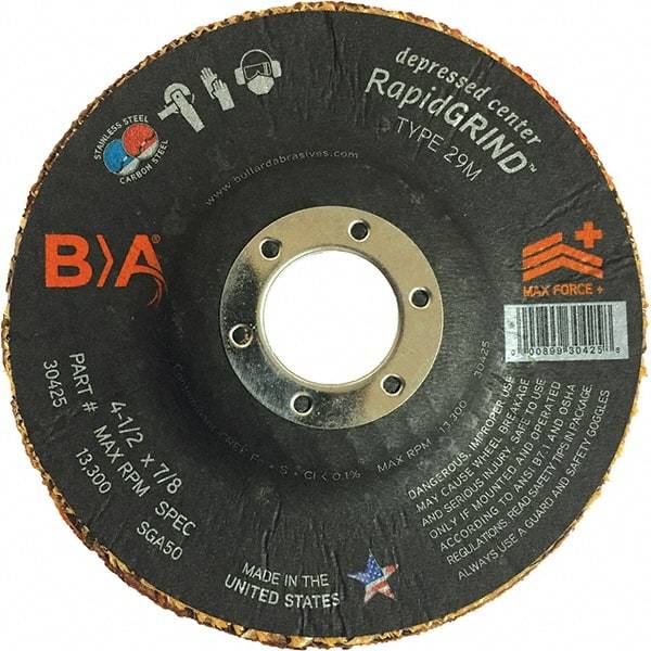 BULLARD - 50 Grit, 4-1/2" Wheel Diam, 1/8" Wheel Thickness, 7/8" Arbor Hole, Type 29 Depressed Center Wheel - Coarse Grade, Ceramic, 13,300 Max RPM, Compatible with Angle Grinder - Apex Tool & Supply
