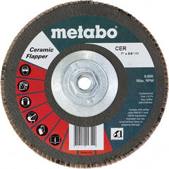 Metabo - 60 Grit, 7" Disc Diam, 5/8-11 Center Hole, Type 29 Ceramic Flap Disc - 8,600 Max RPM, Fiberglass Backing, Arbor Attaching System, Coated - Apex Tool & Supply