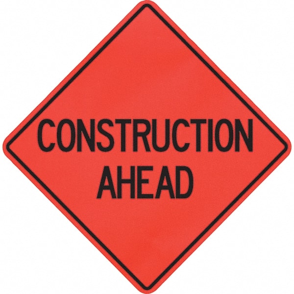 PRO-SAFE - "Construction Ahead," 48" Wide x 48" High Vinyl Traffic Control Sign - Apex Tool & Supply