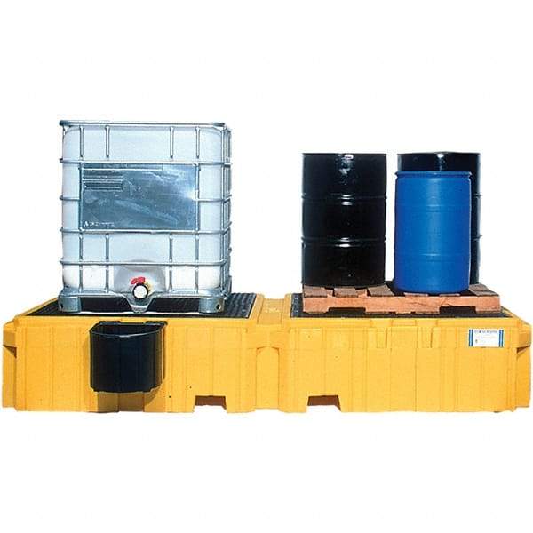 UltraTech - 535 Gal Sump Capacity, Polyethylene TWIN IBC Spill Pallet, Left Side Bucket with Drain - 61.6" Long x 22" Wide x 124-1/2" High, 8,000 Lb Capacity, 2 Totes, Includes 1 Left Side Bucket Shelf - Apex Tool & Supply