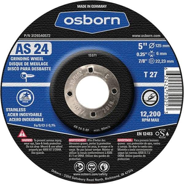 Osborn - 24 Grit, 5" Wheel Diam, 1/4" Wheel Thickness, 7/8" Arbor Hole, Type 27 Depressed Center Wheel - Coarse Grade, Aluminum Oxide, 12,225 Max RPM - Apex Tool & Supply