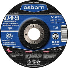 Osborn - 24 Grit, 5" Wheel Diam, 1/4" Wheel Thickness, 7/8" Arbor Hole, Type 27 Depressed Center Wheel - Coarse Grade, Aluminum Oxide, 12,225 Max RPM - Apex Tool & Supply