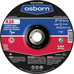 Osborn - 24 Grit, 7" Wheel Diam, 1/4" Wheel Thickness, 7/8" Arbor Hole, Type 27 Depressed Center Wheel - Coarse Grade, Aluminum Oxide, 8,600 Max RPM - Apex Tool & Supply