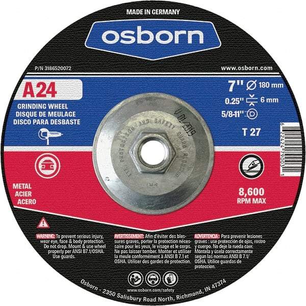 Osborn - 24 Grit, 7" Wheel Diam, 1/4" Wheel Thickness, Type 27 Depressed Center Wheel - Coarse Grade, Aluminum Oxide, 8,600 Max RPM - Apex Tool & Supply