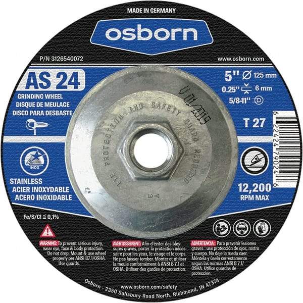 Osborn - 24 Grit, 5" Wheel Diam, 1/4" Wheel Thickness, Type 27 Depressed Center Wheel - Coarse Grade, Aluminum Oxide, 12,225 Max RPM - Apex Tool & Supply