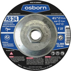 Osborn - 24 Grit, 4-1/2" Wheel Diam, 1/4" Wheel Thickness, Type 27 Depressed Center Wheel - Coarse Grade, Aluminum Oxide, 13,280 Max RPM - Apex Tool & Supply