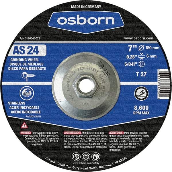 Osborn - 24 Grit, 7" Wheel Diam, 1/4" Wheel Thickness, Type 27 Depressed Center Wheel - Coarse Grade, Aluminum Oxide, 8,600 Max RPM - Apex Tool & Supply