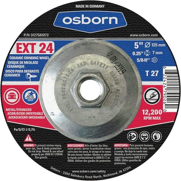 Osborn - 24 Grit, 5" Wheel Diam, 1/4" Wheel Thickness, Type 27 Depressed Center Wheel - Coarse Grade, Ceramic, 12,225 Max RPM - Apex Tool & Supply