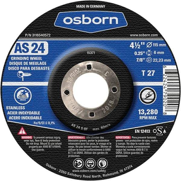 Osborn - 24 Grit, 4-1/2" Wheel Diam, 1/4" Wheel Thickness, 7/8" Arbor Hole, Type 27 Depressed Center Wheel - Coarse Grade, Aluminum Oxide, 13,280 Max RPM - Apex Tool & Supply