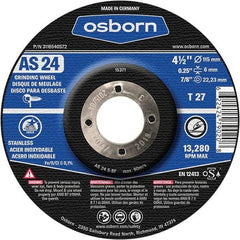 Osborn - 24 Grit, 4-1/2" Wheel Diam, 1/4" Wheel Thickness, 7/8" Arbor Hole, Type 27 Depressed Center Wheel - Coarse Grade, Aluminum Oxide, 13,280 Max RPM - Apex Tool & Supply