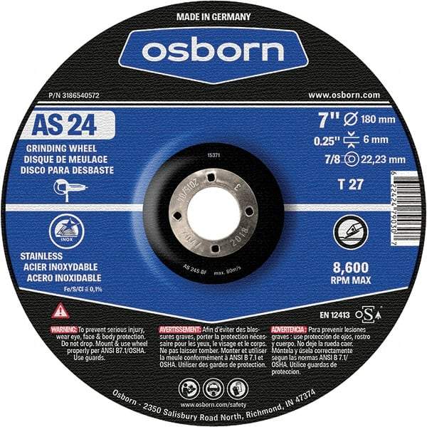 Osborn - 24 Grit, 7" Wheel Diam, 1/4" Wheel Thickness, 7/8" Arbor Hole, Type 27 Depressed Center Wheel - Coarse Grade, Aluminum Oxide, 8,600 Max RPM - Apex Tool & Supply