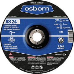 Osborn - 24 Grit, 7" Wheel Diam, 1/4" Wheel Thickness, 7/8" Arbor Hole, Type 27 Depressed Center Wheel - Coarse Grade, Aluminum Oxide, 8,600 Max RPM - Apex Tool & Supply