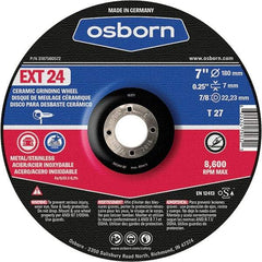 Osborn - 24 Grit, 7" Wheel Diam, 1/4" Wheel Thickness, 7/8" Arbor Hole, Type 27 Depressed Center Wheel - Coarse Grade, Ceramic, 8,600 Max RPM - Apex Tool & Supply