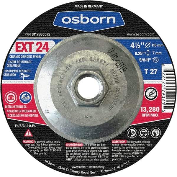 Osborn - 24 Grit, 4-1/2" Wheel Diam, 1/4" Wheel Thickness, Type 27 Depressed Center Wheel - Coarse Grade, Ceramic, 13,280 Max RPM - Apex Tool & Supply