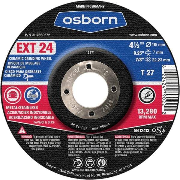 Osborn - 24 Grit, 4-1/2" Wheel Diam, 1/4" Wheel Thickness, 7/8" Arbor Hole, Type 27 Depressed Center Wheel - Coarse Grade, Ceramic, 13,280 Max RPM - Apex Tool & Supply