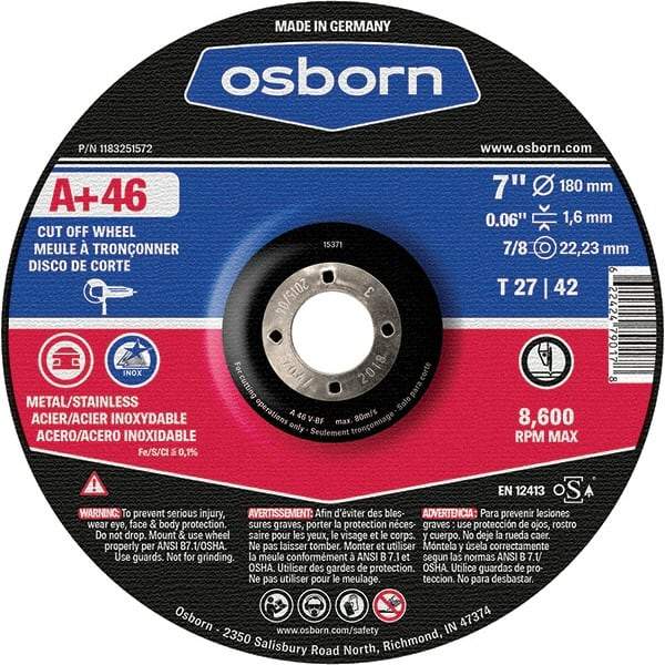 Osborn - 7" 46 Grit Aluminum Oxide Cutoff Wheel - 0.06" Thick, 7/8" Arbor, Use with Angle Grinders - Apex Tool & Supply
