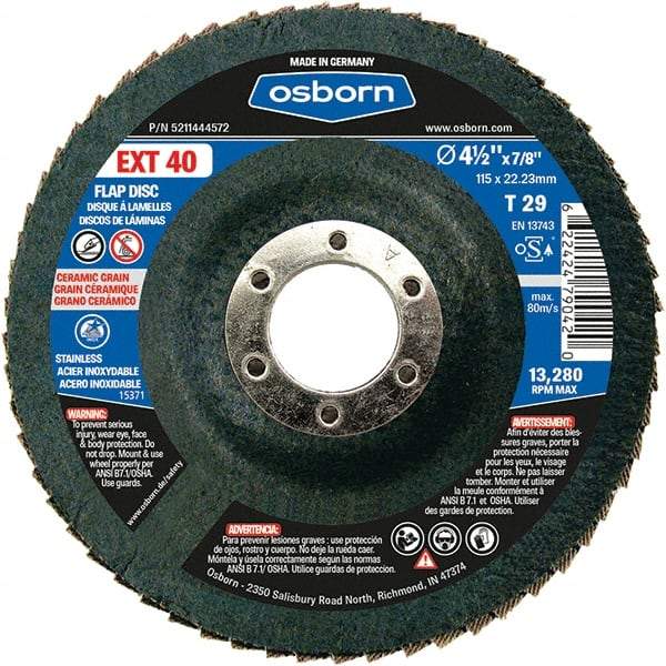 Osborn - 40 Grit, 4-1/2" Disc Diam, 7/8" Center Hole, Type 29 Ceramic Flap Disc - 13,280 Max RPM, Fiberglass Backing, Arbor Attaching System, Coated - Apex Tool & Supply
