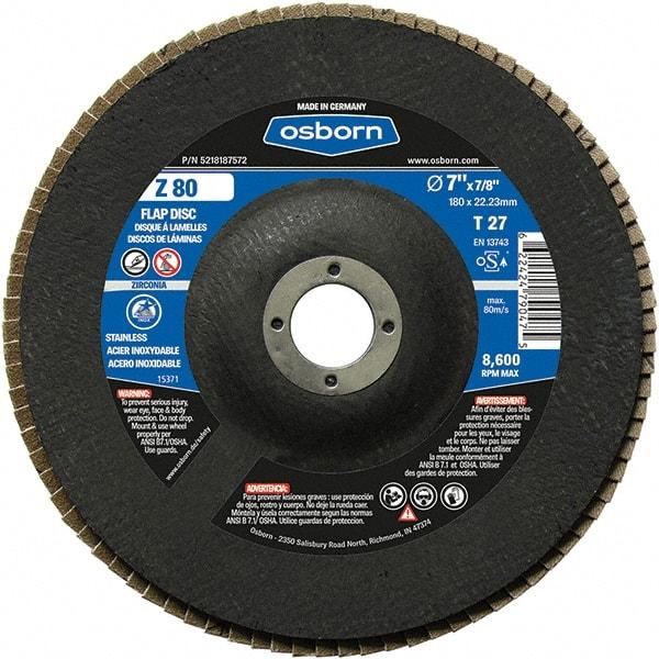 Osborn - 80 Grit, 7" Disc Diam, 7/8" Center Hole, Type 27 Zirconia Alumina Flap Disc - 8,600 Max RPM, Fiberglass Backing, Arbor Attaching System, Coated - Apex Tool & Supply