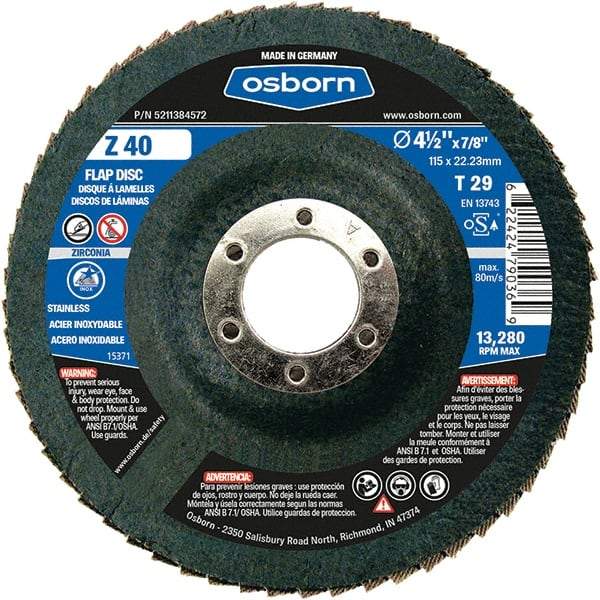 Osborn - 40 Grit, 4-1/2" Disc Diam, 7/8" Center Hole, Type 29 Zirconia Alumina Flap Disc - 13,280 Max RPM, Fiberglass Backing, Arbor Attaching System, Coated - Apex Tool & Supply