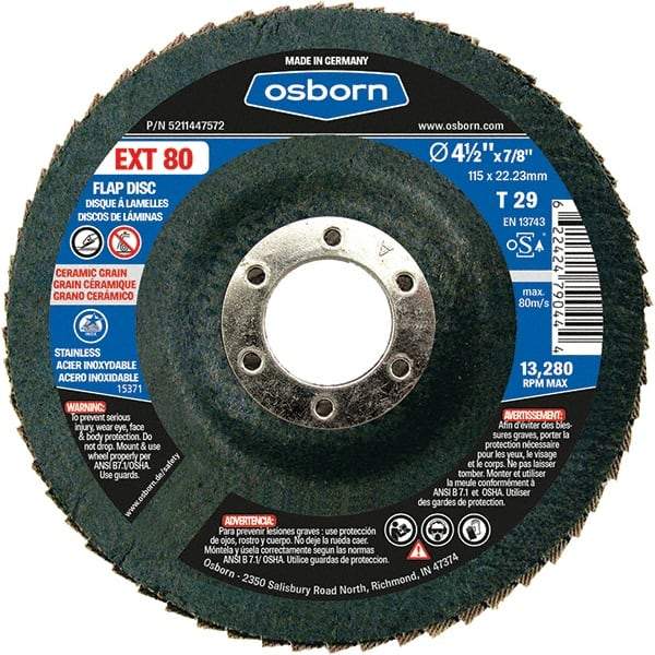 Osborn - 80 Grit, 4-1/2" Disc Diam, 7/8" Center Hole, Type 29 Ceramic Flap Disc - 13,280 Max RPM, Fiberglass Backing, Arbor Attaching System, Coated - Apex Tool & Supply