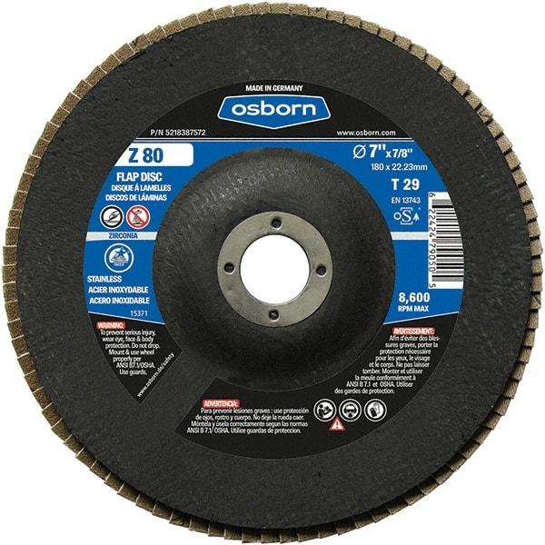 Osborn - 80 Grit, 7" Disc Diam, 7/8" Center Hole, Type 29 Zirconia Alumina Flap Disc - 8,600 Max RPM, Fiberglass Backing, Arbor Attaching System, Coated - Apex Tool & Supply