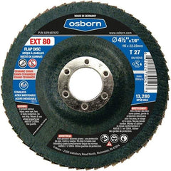 Osborn - 80 Grit, 4-1/2" Disc Diam, 7/8" Center Hole, Type 27 Ceramic Flap Disc - 13,280 Max RPM, Fiberglass Backing, Arbor Attaching System, Coated - Apex Tool & Supply