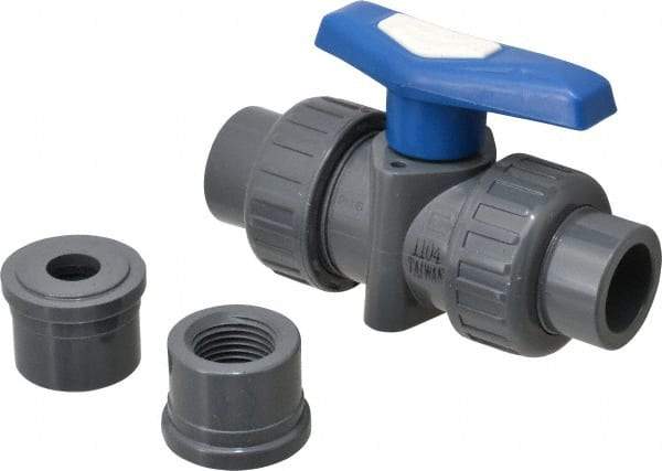 Simtech - 1/2" Pipe, Full Port, PVC True Union Design Ball Valve - Inline - Two Way Flow, FNPT x FNPT (with Socket Adapter) Ends, Tee Handle, 232 WOG - Apex Tool & Supply