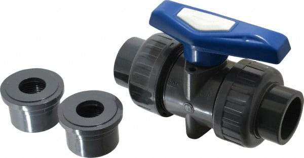 Simtech - 1" Pipe, Full Port, PVC True Union Design Ball Valve - Inline - Two Way Flow, FNPT x FNPT (with Socket Adapter) Ends, Tee Handle, 232 WOG - Apex Tool & Supply
