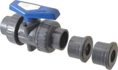 Simtech - 1-1/4" Pipe, Full Port, PVC True Union Design Ball Valve - Inline - Two Way Flow, FNPT x FNPT (with Socket Adapter) Ends, Tee Handle, 232 WOG - Apex Tool & Supply
