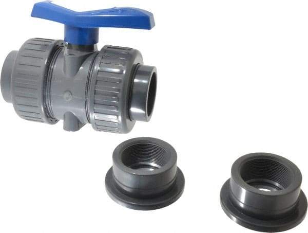 Simtech - 2" Pipe, Full Port, PVC True Union Design Ball Valve - Inline - Two Way Flow, FNPT x FNPT (with Socket Adapter) Ends, Tee Handle, 232 WOG - Apex Tool & Supply