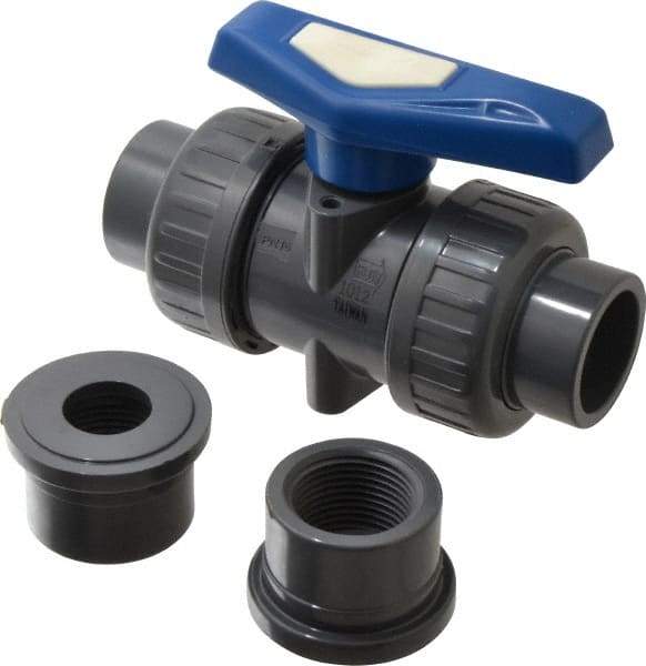 Simtech - 1" Pipe, Full Port, PVC True Union Design Ball Valve - Inline - Two Way Flow, FNPT x FNPT (with Socket Adapter) Ends, Tee Handle, 232 WOG - Apex Tool & Supply