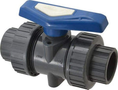 Simtech - 1-1/4" Pipe, Full Port, PVC True Union Design Ball Valve - Inline - Two Way Flow, FNPT x FNPT (with Socket Adapter) Ends, Tee Handle, 232 WOG - Apex Tool & Supply