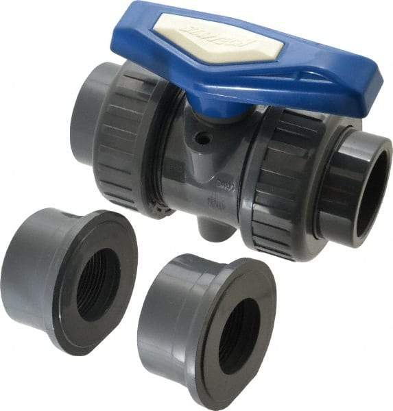 Simtech - 1-1/2" Pipe, Full Port, PVC True Union Design Ball Valve - Inline - Two Way Flow, FNPT x FNPT (with Socket Adapter) Ends, Tee Handle, 232 WOG - Apex Tool & Supply