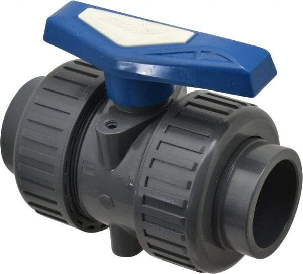 Simtech - 2" Pipe, Full Port, PVC True Union Design Ball Valve - Inline - Two Way Flow, FNPT x FNPT (with Socket Adapter) Ends, Tee Handle, 232 WOG - Apex Tool & Supply