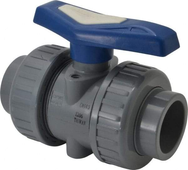Simtech - 1-1/2" Pipe, Full Port, CPVC True Union Design Ball Valve - Inline - Two Way Flow, FNPT x FNPT (with Socket Adapter) Ends, Tee Handle, 232 WOG - Apex Tool & Supply