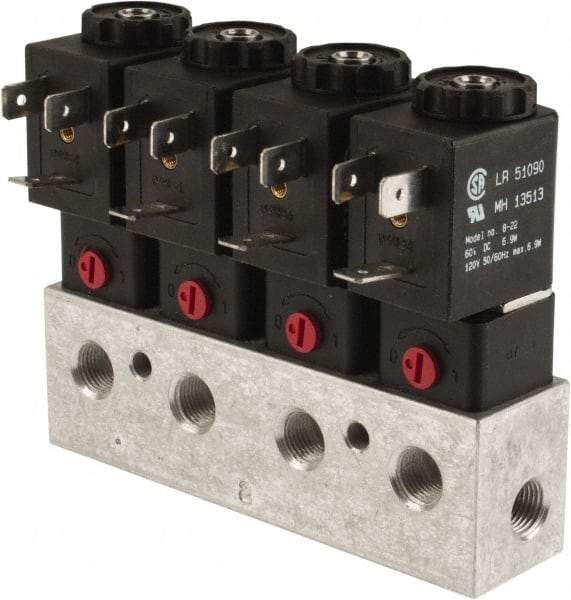 ARO/Ingersoll-Rand - 1/8", CAT Series 3-Way 2-Position Bar Manifold Stacking Solenoid Valve - 24 VDC, 0.062 CV Rate, 3.275" High x 5" Long - Apex Tool & Supply