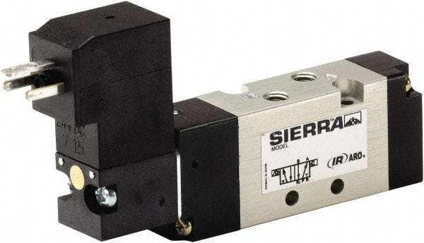 ARO/Ingersoll-Rand - 10-32" Inlet, Solenoid Actuator, Spring Return, 2 Position, Body Ported Solenoid Air Valve - 24 VDC Input, 1/4 CV, 4 Way, 115 psi, 122° Max Temp - Apex Tool & Supply