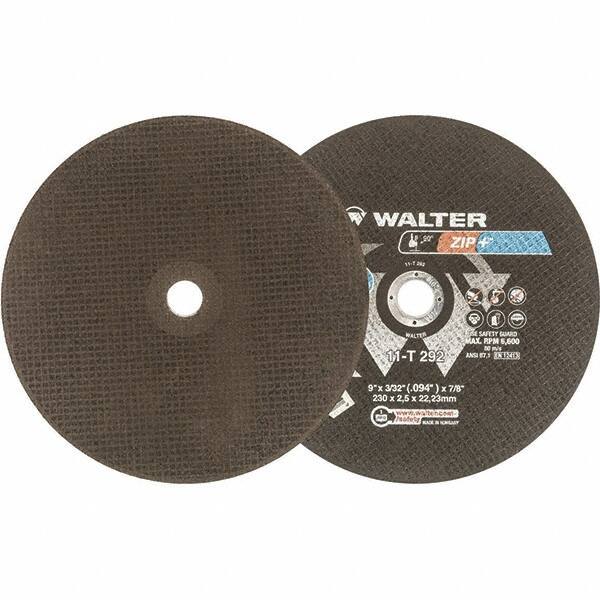WALTER Surface Technologies - 9" 46 Grit Aluminum Oxide Cutoff Wheel - 3/32" Thick, 7/8" Arbor, 6,600 Max RPM, Use with Angle Grinders - Apex Tool & Supply