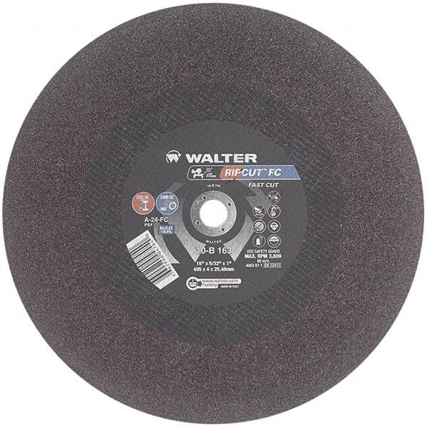 WALTER Surface Technologies - 16" 24 Grit Aluminum Oxide Cutoff Wheel - 5/32" Thick, 1" Arbor, 3,800 Max RPM, Use with Stationary Tools - Apex Tool & Supply