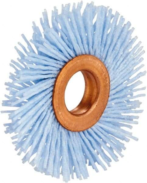 Tanis - 2" OD, 1/2" Arbor Hole, Crimped Nylon Wheel Brush - 1/4" Face Width, 3/8" Trim Length, 0.04" Filament Diam - Apex Tool & Supply